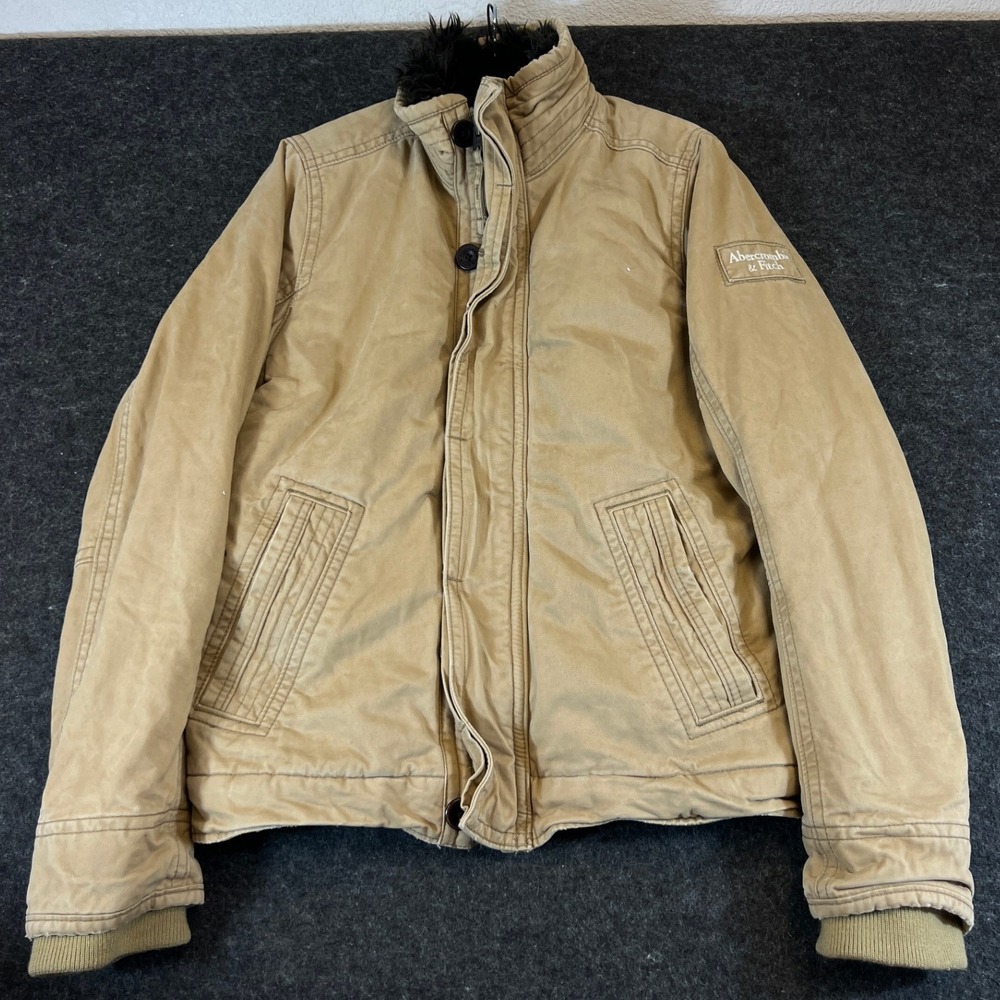 Abercrombie Fitch Jacket Coat Mens Large Tan Faux Fur Lined Heavyweight Winter
